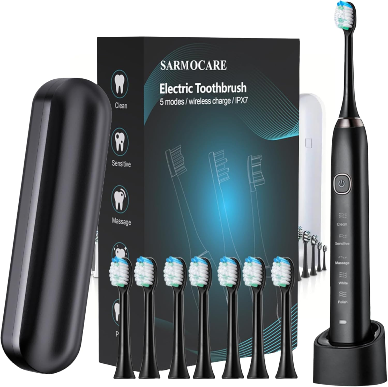 Smart Sonic Toothbrush &ndash; Rechargeable 600Mah Battery, Sleek Black Design, Complete Set with 8 Brush Heads, Charging Stand & Portable Travel Case | Long-Lasting Electric Toothbrush for Home, Office, Travel & Everyday Oral Care image number 6