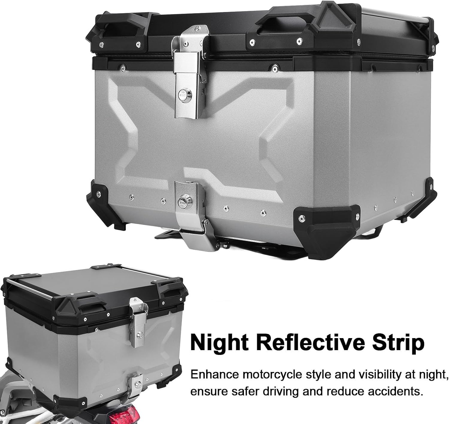 55L Motorcycle Top Case Tail Box, Water Proof Aluminum Alloy Quick Release Motorcycle Scooter Universal Storage Trunk with Safety Lock Reflective Sticker for Helmet Luggage (Silver) image number 3