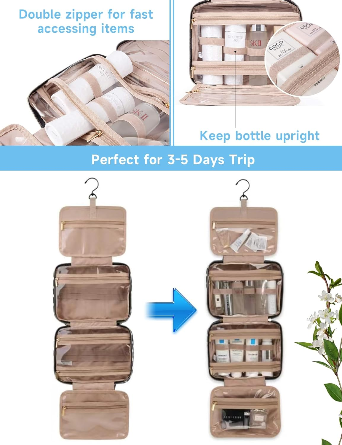 2 PCS Hanging Travel Toiletry Bag with Hook, Large Capacity Makeup Bag for Women & Men, Foldable Waterproof Cosmetic Organizer with 4 Transparent Compartments for Bathroom, Travel Essentials (Pink) - Pink image number 4