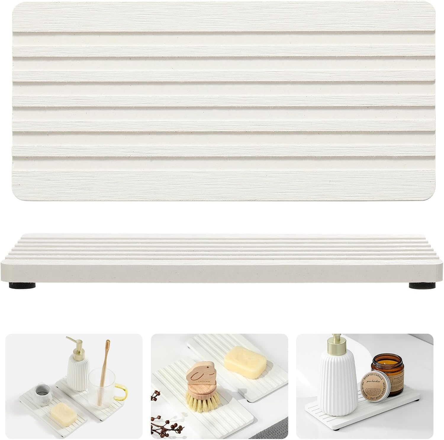 2PCS Water Absorbing Stone Drying Tray Mat for Bathroom Sink & Kitchen Counter Faucet Organizer Decor, Quick Dry Dish Soap Dispenser Sponge Holder, Vanity Sink Caddy Bar Coaster,White-8"*3.8"