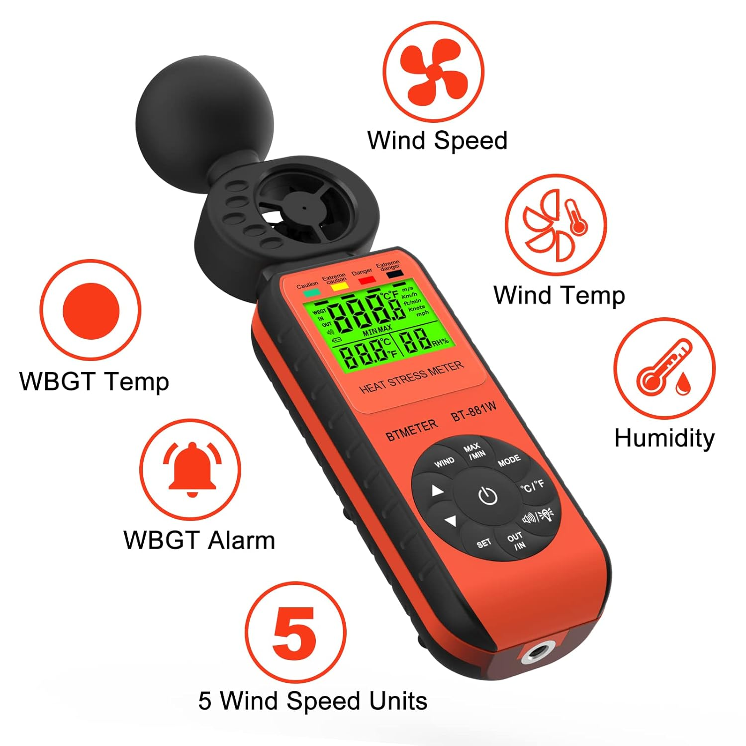 BTMETER BT-881W Heat Stress Meter Anemometer, Digital Indoor/Outdoor WBGT (Wet Bulb Globe Temperature) Meter with Wind Speed, Ambient Temp, Humidity Tester
