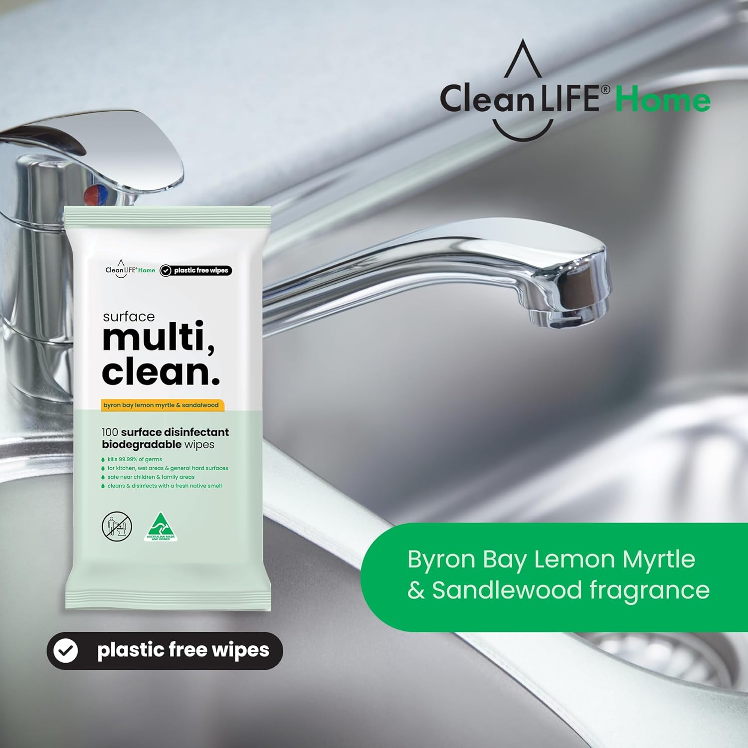 Cleanlife Surface Multi Clean Wipes &ndash; Lemon Myrtle & Sandalwood Scent, Biodegradable, Antibacterial, Plastic-Free, 100 Wipes, 3-Packs image number 2