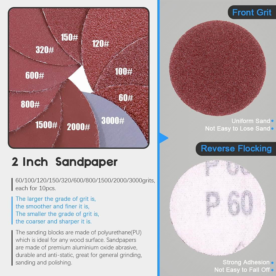 Glarks 102Pcs 2 Inch Hook and Loop Hand Sanding Block round Sanding Pad Hook Backing Plate with 100Pcs Hook and Loop Sanding Disc Set for Craft, Woodworking, Furniture Repairing (2 Inch) image number 1