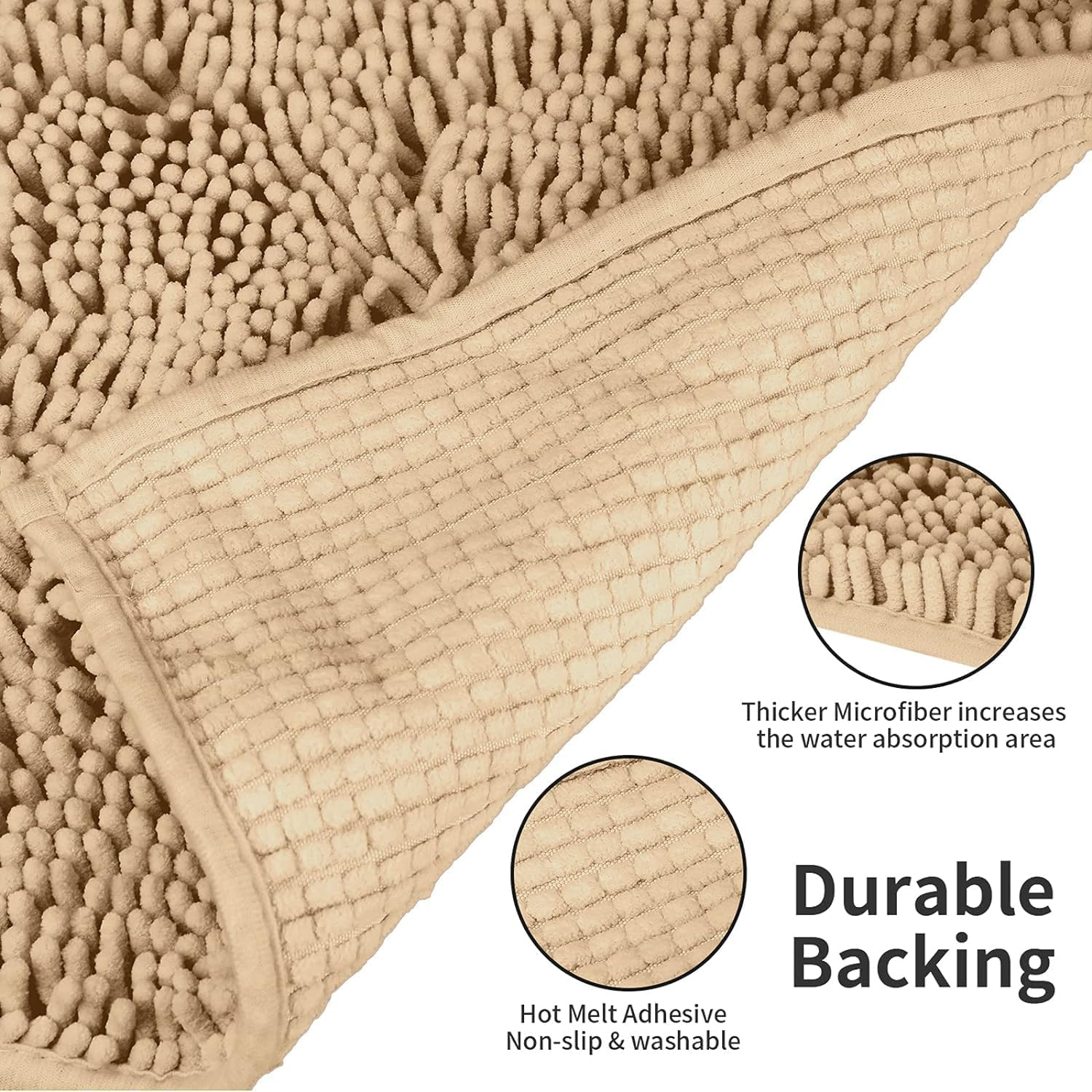 Taicols Bath Mat Set, 2 Pcs Non-Slip Microfiber Shag Bathroom Rug Mat, Chenille Non-Slip Back Bathroom Mat, U Shape Toilet Rug Fleece Softness, Bathroom Carpet, Super Soft Microfiber Bath Rug (Camel) - Gray image number 7
