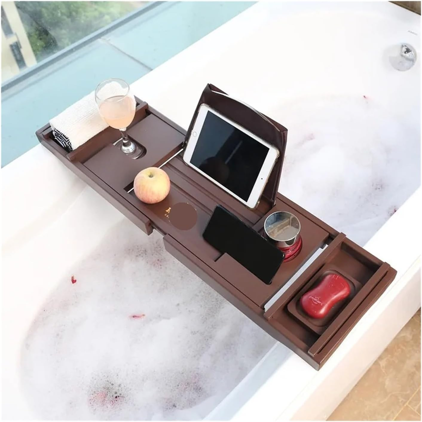 Nordic Extendable Bamboo Bathtub Tray Premium Bath Caddy Organizer with Adjustable Shelf Stylish Spa Storage Board for Hotel(Gray)