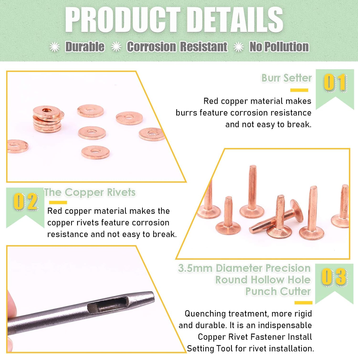 Keadic 18 Sets Copper Rivets and Burrs with Rivet Fastener Install Setting Tool and Hole Punch Cutter for Leather Products: Belts, Handbags, Ropes, Bags, Leather DIY Craft Supplies （Size 9 and 12) image number 1