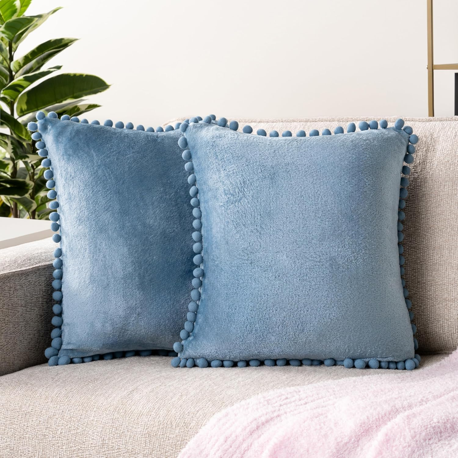 PAVILIA Dusty Blue Throw Pillow Covers Pom Pom 18X18 Set of 2, Decorative Pillow Cases Bed Sofa Couch, Boho Accent Decor Cushion Bedroom Living Room, Velvet Square Euro Sham Pompoms, Light Slate Blue image number 4