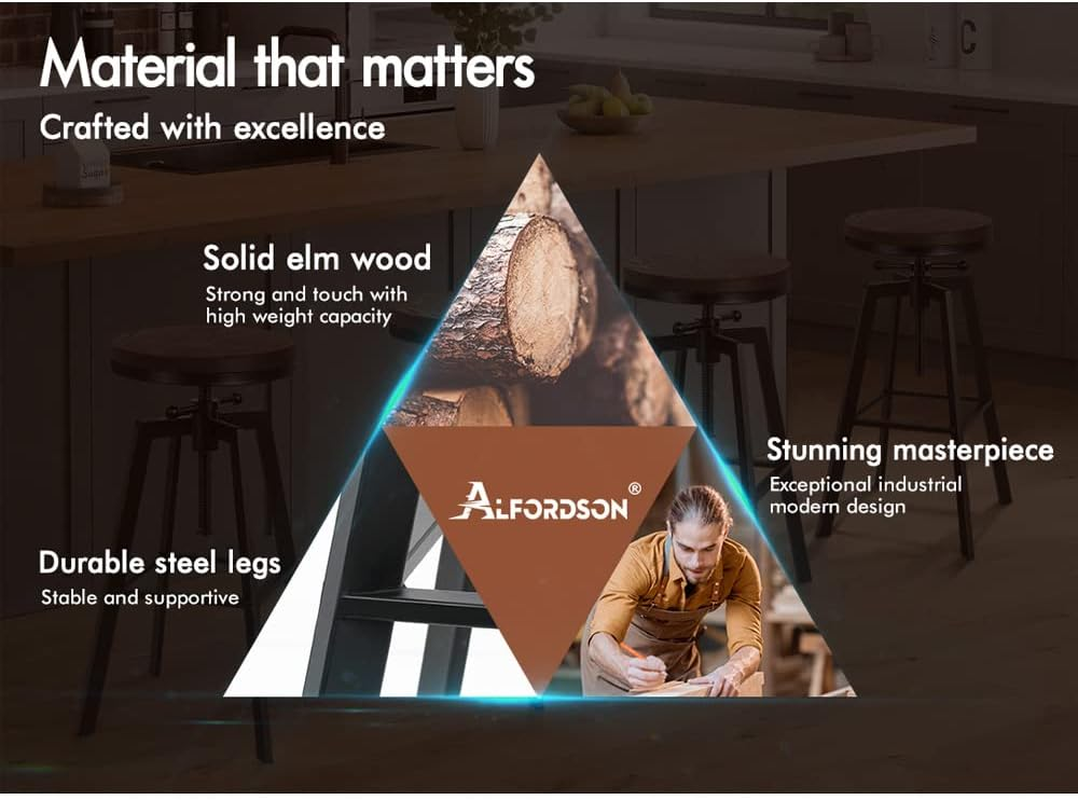 ALFORDSON Bar Stool 1Pc Ezra Retro Kitchen Vintage Chair Industrial Wooden Backless Barstools with Height Adjustable Swivel Seat Counter Dining Chairs with Footrest for Home Bar Dining Room - 2 X Ezra image number 7