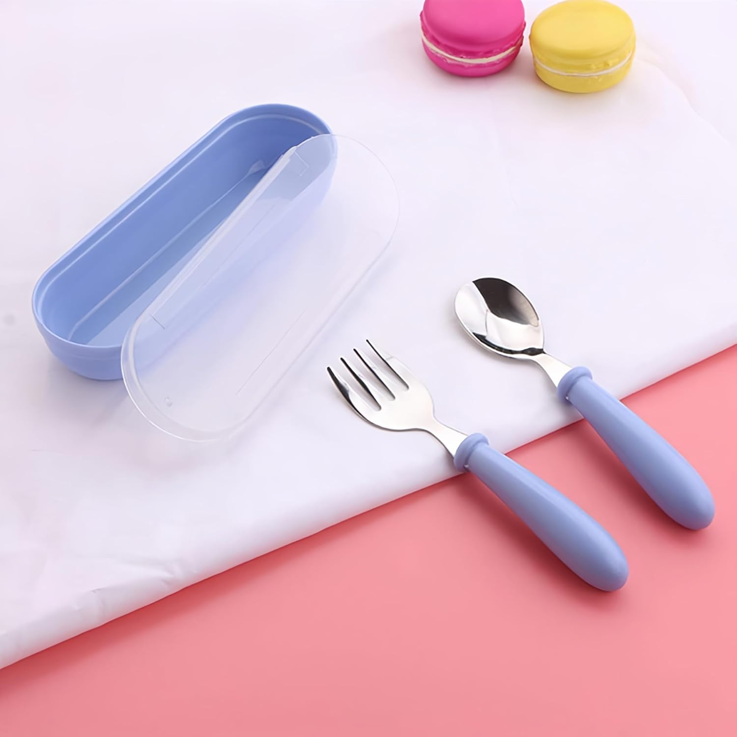Taoluwin 1Sets Toddler Cutlery, Kids Cutlery Set, on the Go Fork and Spoon Set, Toddler Silicone Stainless Steel Utensils Spoon Fork, for Baby Toddler BPA Free with Silicone Holding
