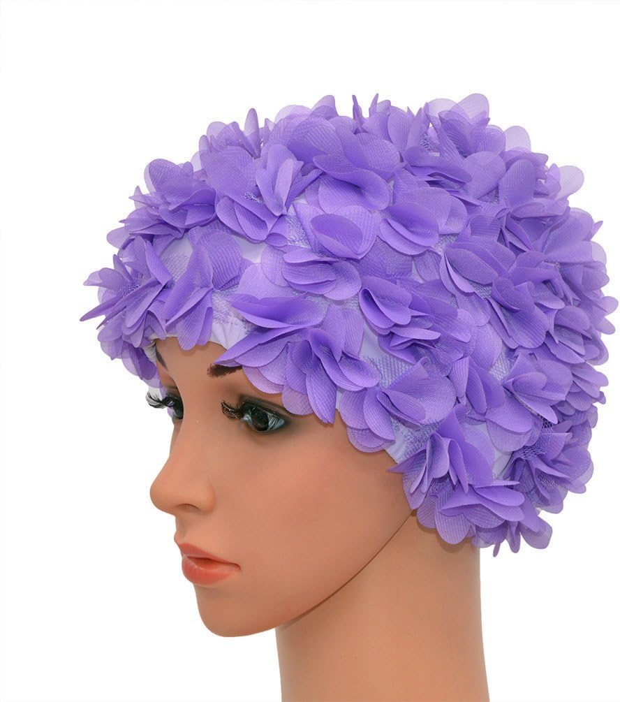 Lace Vintage Swim Cap Floral Petal Retro Style Bathing Caps for Women Rose - Black image number 5