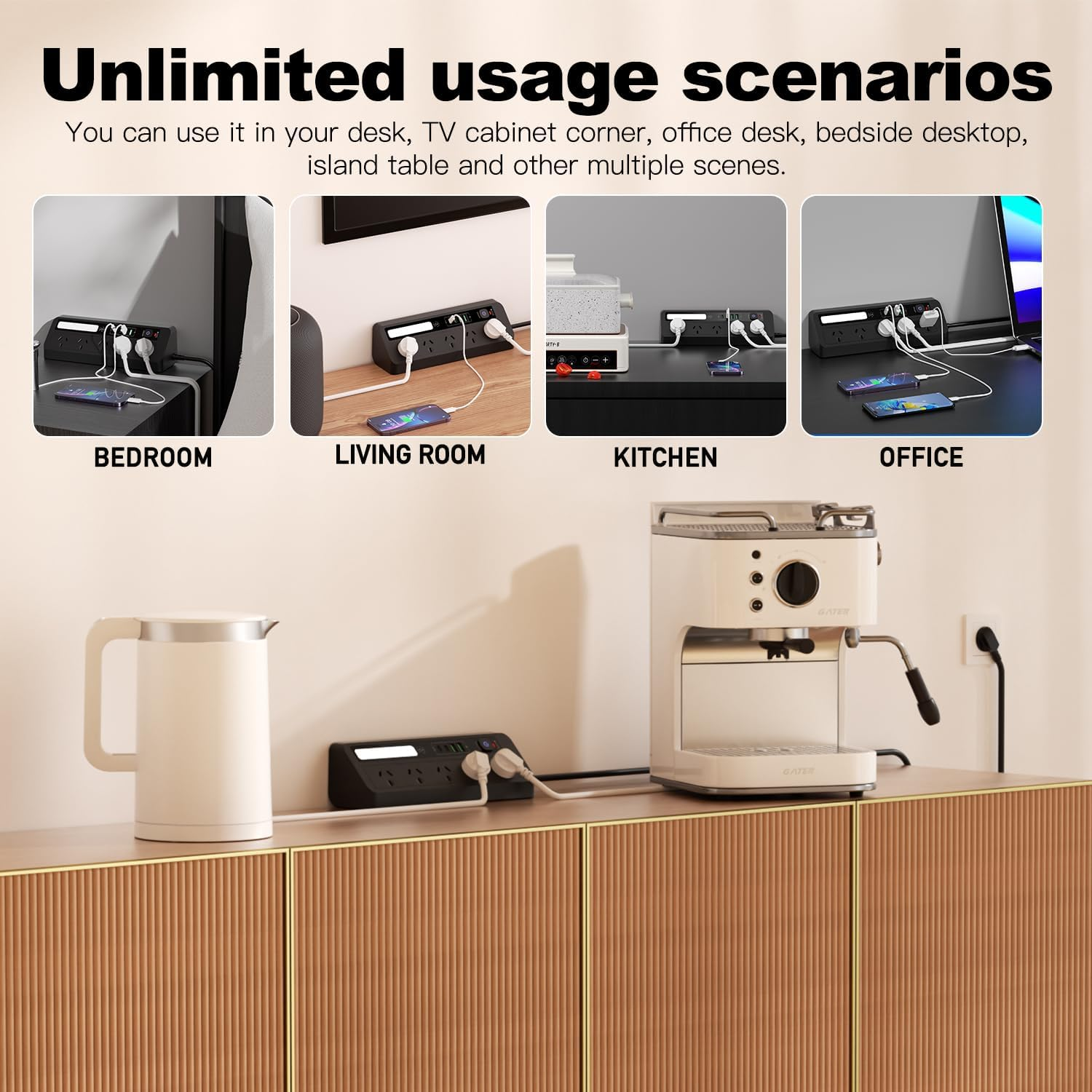 Desk Extension Lead with USB Slots, BOCHLION 2 USB C and 2 USB a Ports Power Socket with Night Light, 5 Way Plug Extension Socket Surge Protector, Desktop Power Strip 1.8M for Home Office (Black) image number 5