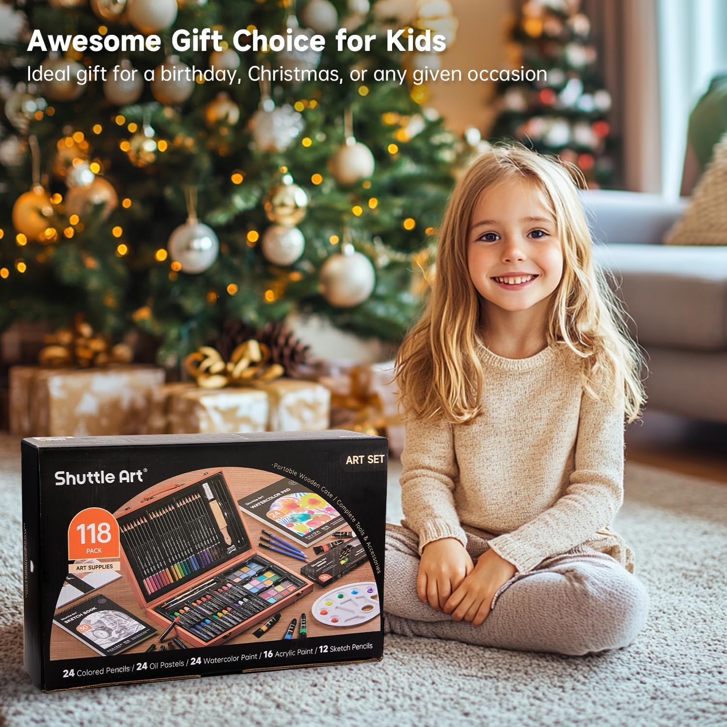 118 Piece Deluxe Art Set, Shuttle Art Art Supplies in Wooden Case, Painting Drawing Art Kit with Acrylic Paint Pencils Oil Pastels Watercolor Cakes Coloring Book Watercolor Sketch Pad for Kids Adults image number 2