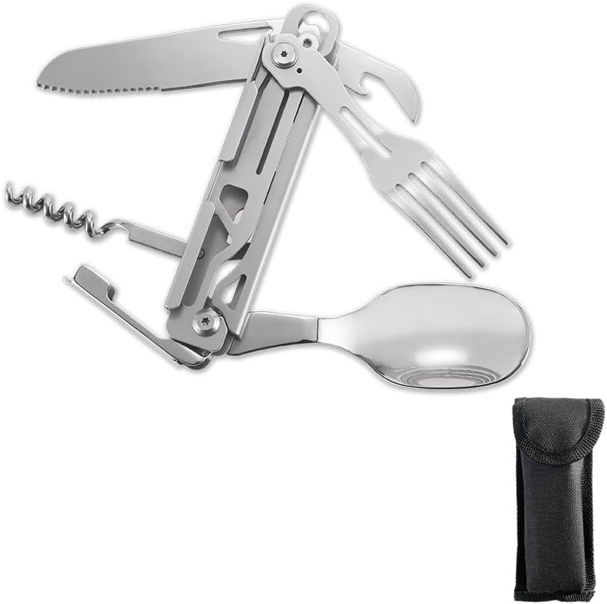 6-In-1 Multi-Functional Stainless Steel Portable Utensil Set &ndash; Detachable Cutlery for Camping, Travel, and Outdoor Adventures, Folding Spoon, Fork, Knife, Wine Bottle Can Opener Portable. image number 3