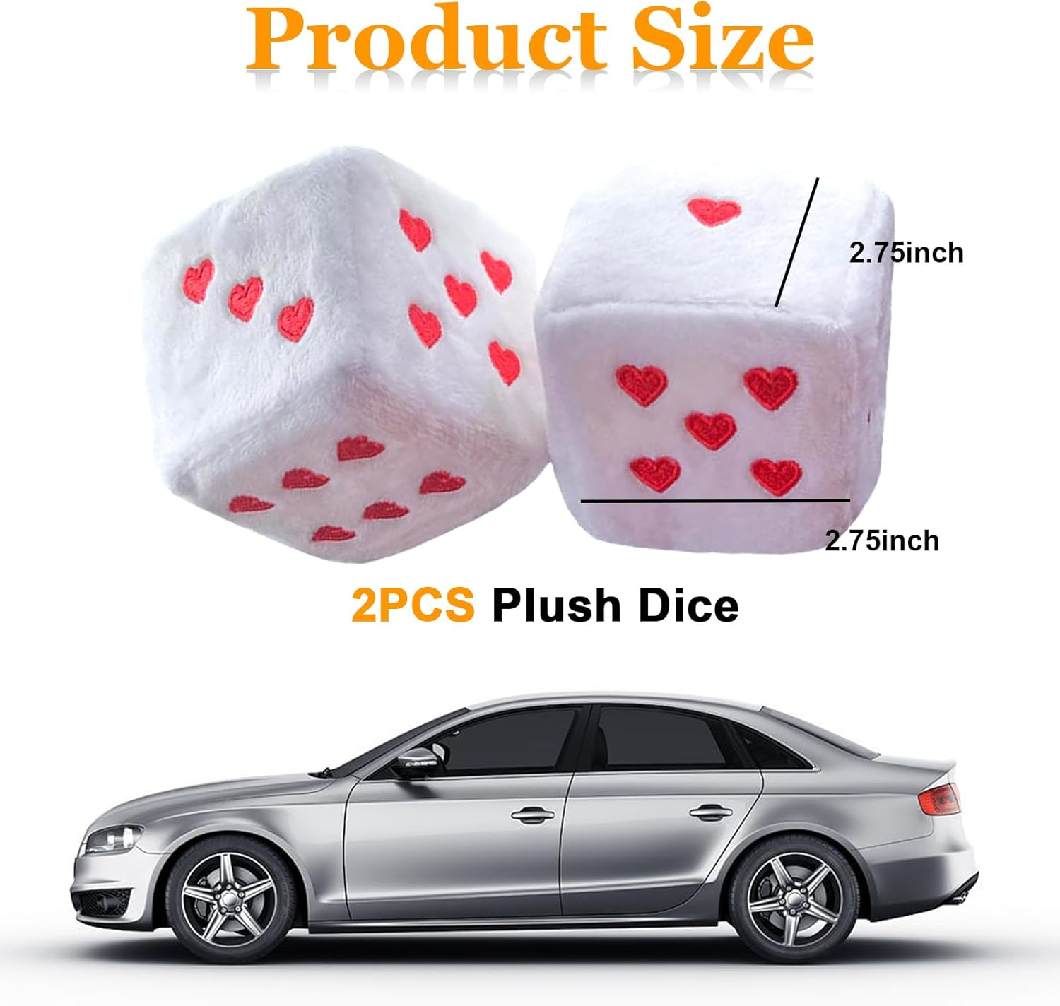Ziciner Pair Fuzzy Plush Dice for Car Mirror, 3'' Retro Square Dice with Heart-Shape, Universal Auto Rearview Mirror Hanging Ornament Decoration, Vehicle Interior Accessories for Women (White) image number 2