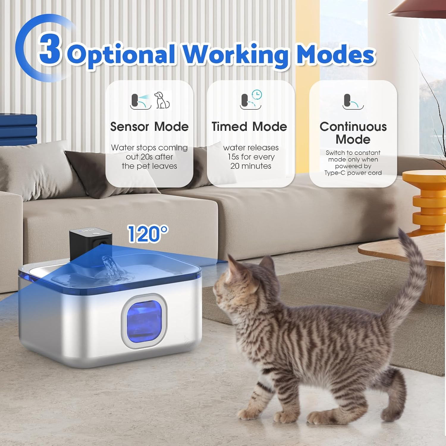 Advwin 5L/169Oz Wireless Stainless Steel Cat Water Fountain, 4000Mah Battery Operated Rechargeable Pet Dog Water Dispenser Indoor, Automatic Pet Drinking Water Bowls with Motion Sensor & Quiet Pump image number 1