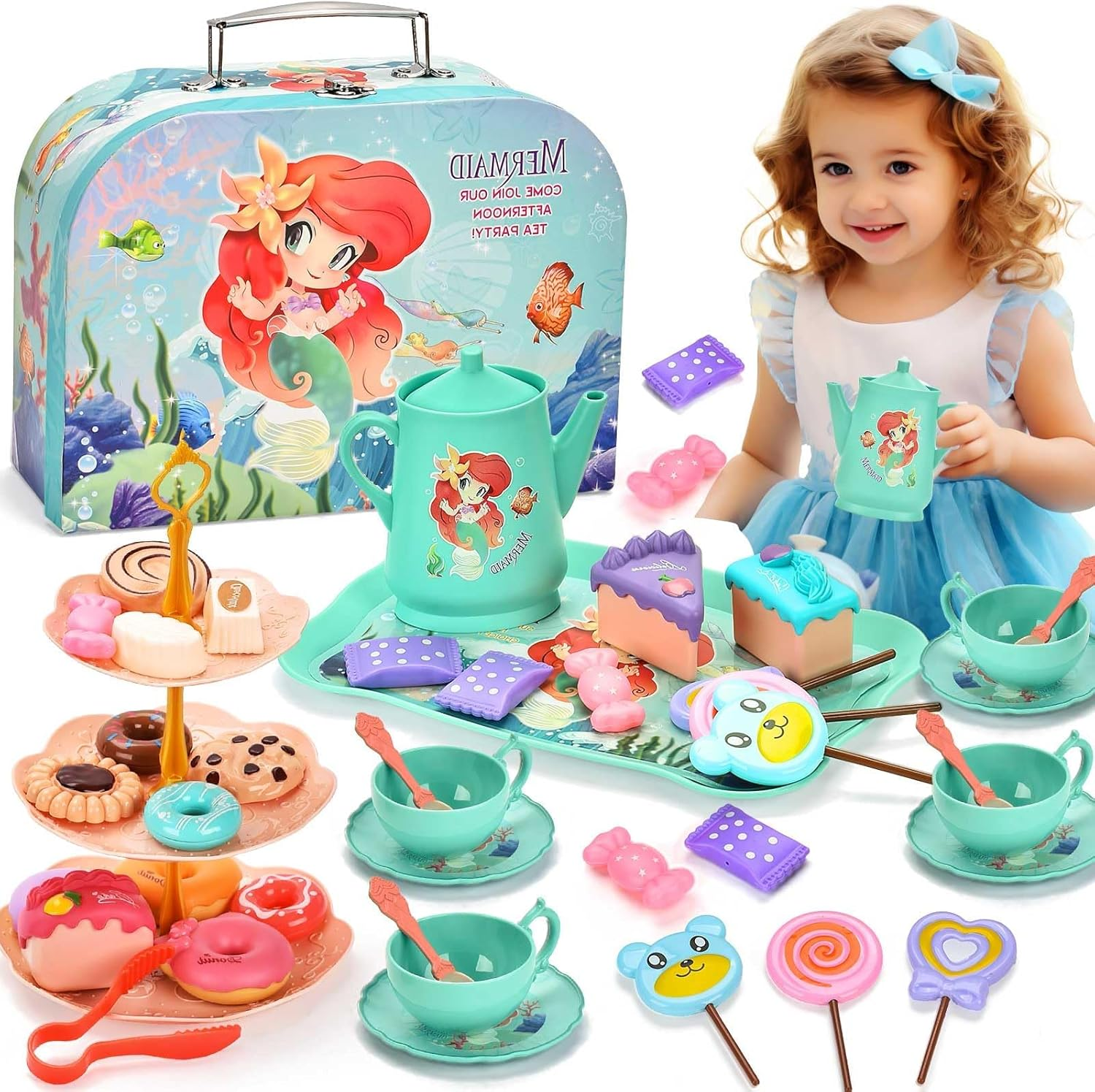 Mermaid Tea Party Set for Little Girls, 44PCS Food Sweet Treats Playset for Princess Tea Time Play Kitchen Toys Birthday Gifts for Age 3 4 5 6 Year Old Girls,Pretend Tin Teapot, Cups, Plates