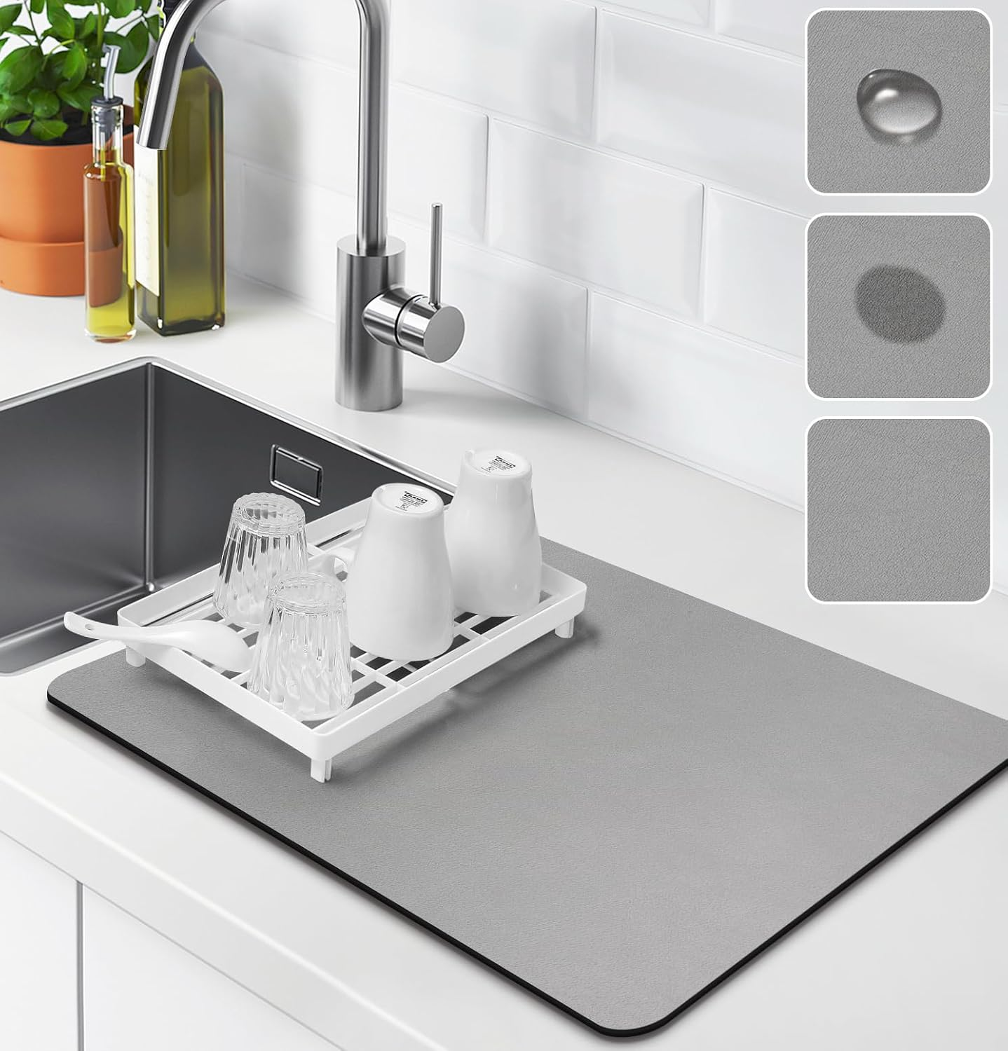 Dish Drying Mat for Kitchen Counter, Rubber Backing Draining Mat ,Hide Stain anti Absorbent for Kitchen Counter, ,Easy to Clean Kitchen Accessories (Dark Grey, 40X60)