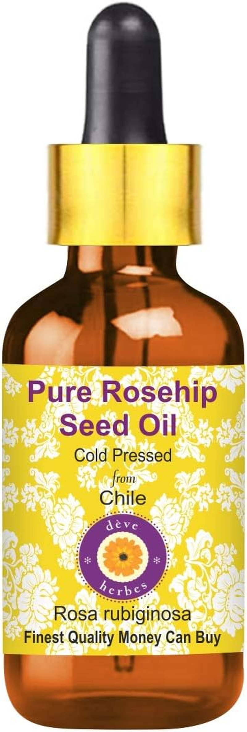 Deve Herbes Pure Rosehip Seed Oil (Rosa Rubiginosa) with Glass Dropper 100% Natural Therapeutic Grade Cold Pressed 15Ml (0.50 Oz)