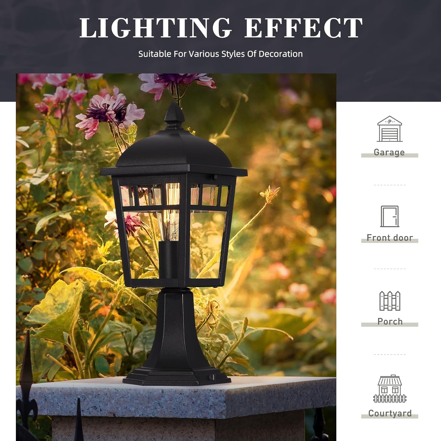 EMLIVIAR 16'' Outdoor Lamp Post Light Fixtures, Exterior Post Lighting Fixture, Die-Cast Aluminum with Clear Glass Shade and Black Finish, AUD02P BK image number 5