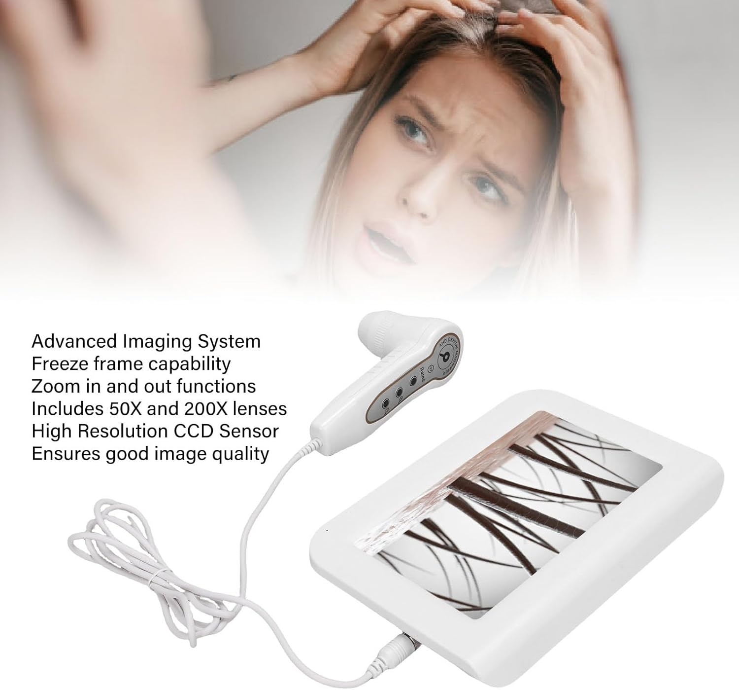 Pongnas 9 Inch Skin Hair Analyzer, 50 X / 200 X Lens Hair Follicle Analyzer, Multifunctional Rechargeable Digital Scalp Detector for Home Salon Use (EU Plug) image number 4