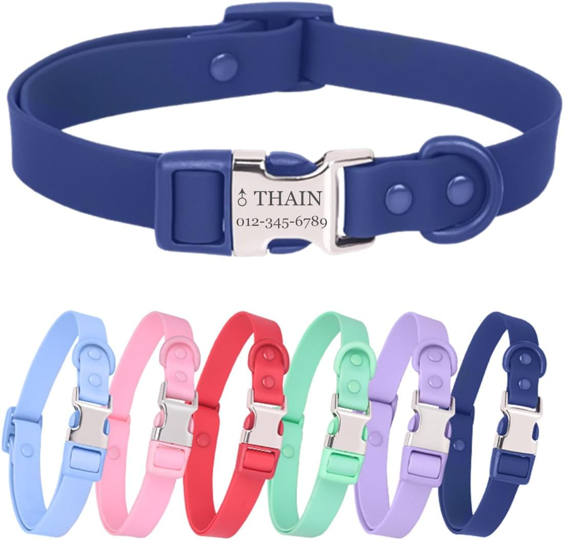 THAIN Personalized Waterproof Dog Collar with Name Plate,Custom Easy Clean PVC Dog Collar with Engraved Buckle ID Name and Number for Small Medium Large Dogs (Navy, M)