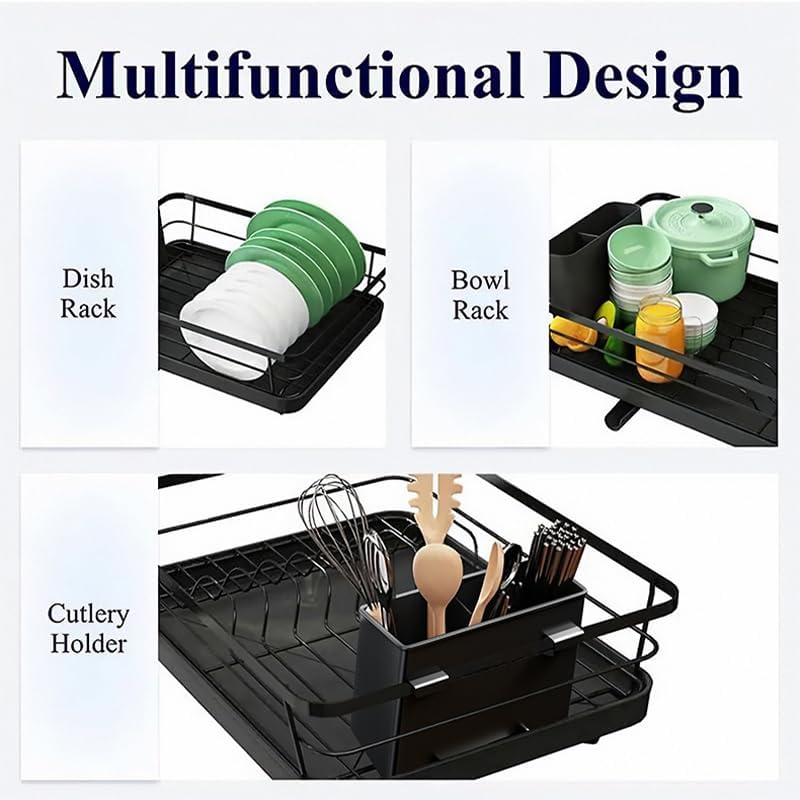 Dish Drying Rack for Kitchen Counter, Stainless Steel Sink Organization and Storage Essentials with Cutlery Holder, Home and Appartment Decor, 12''W X 15.6''L, Black image number 6