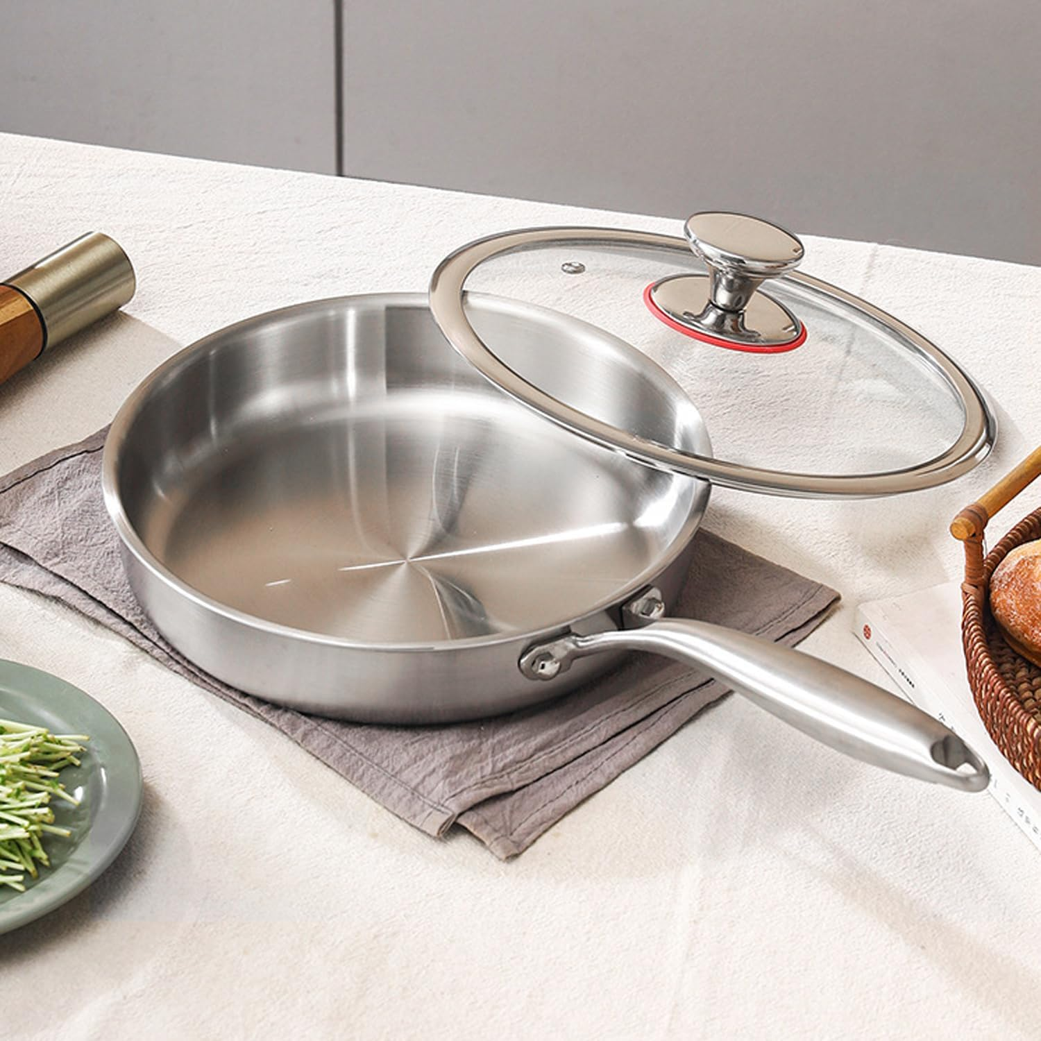 11 Inch (28 Cm) Flat Bottomed Frying Pan, Made of 304 Stainless Steel, Flat Bottomed Pan with Lid,Uncoated（Ptfe & Pfoa-Free）,Compatible with Gas, Electromagnetic, and Electric Stoves image number 5