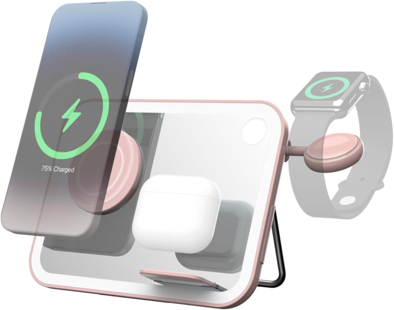 Laser Mirror Wireless Charger 3 in 1 Qi2 Certified &ndash; Makeup Mirror with LED Light, Fast Wireless Charging Stand for Phone, Earbuds, Apple Watch &ndash; Foldable, Magnetic, USB-C Powered (Pink) image number 5
