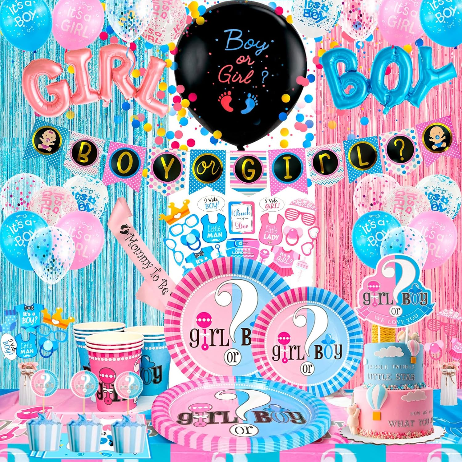 Gender Reveal Party Supplies,118Pcs Gender Reveal Party Decorations & Tableware Set- Gender Reveal Plates and Napkins and Cups and Tableware & Boy or Girl Banner Balloons Fringe Photo Booth Props Etc