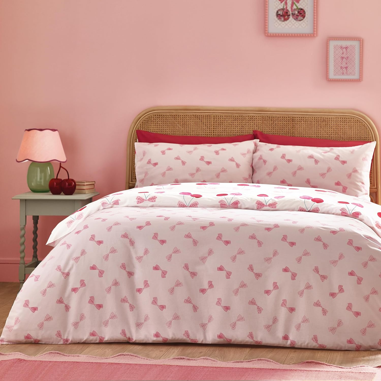 Catherine Lansfield Cherries and Bows Reversible Double Duvet Cover Set with Pillowcases Pink image number 2