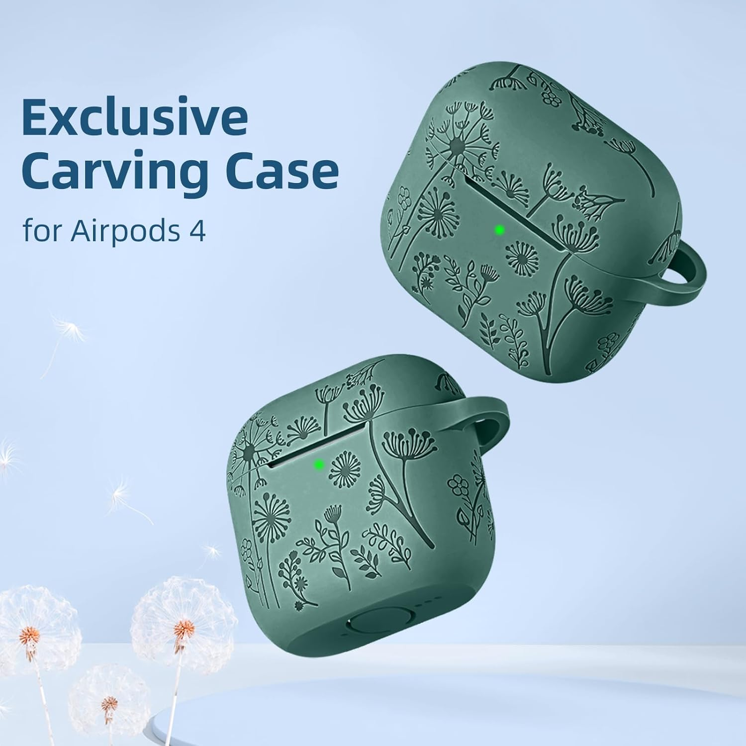 Ouwegaga Compatible with Apple Airpods 4Th Generation Case Cover(2024), Soft Silicone Flower Print Engraved Full Protective Cover for Airpods 4 Case (USB-C) with Keychain for Women Men, Pine Green