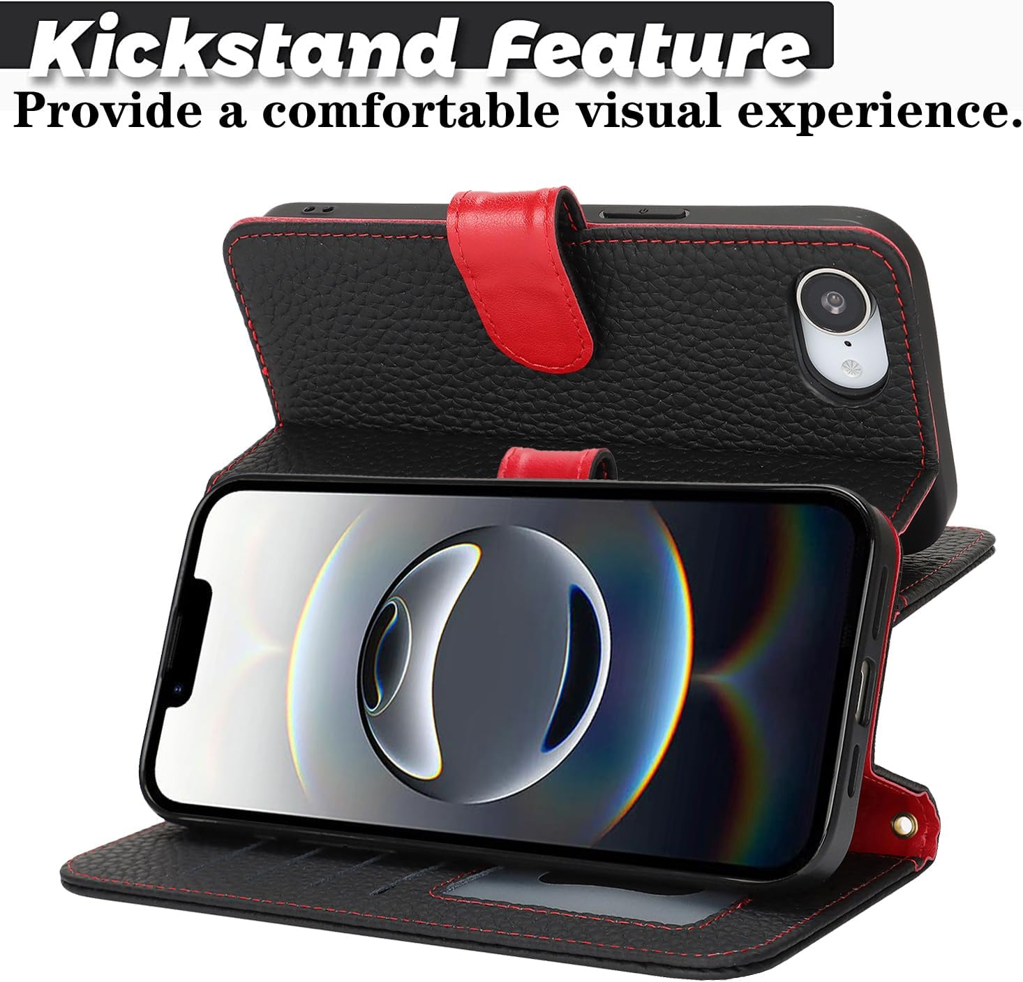 For Iphone 16E Case Genuine Leather Wallet for Iphone16E I16E Sunyoo Case Folio Porte Feuille Coque &Eacute;tui Funda Portefeuille Femmes Homme RFID Blocking Magnetic Book Flip Cover Black Red image number 1