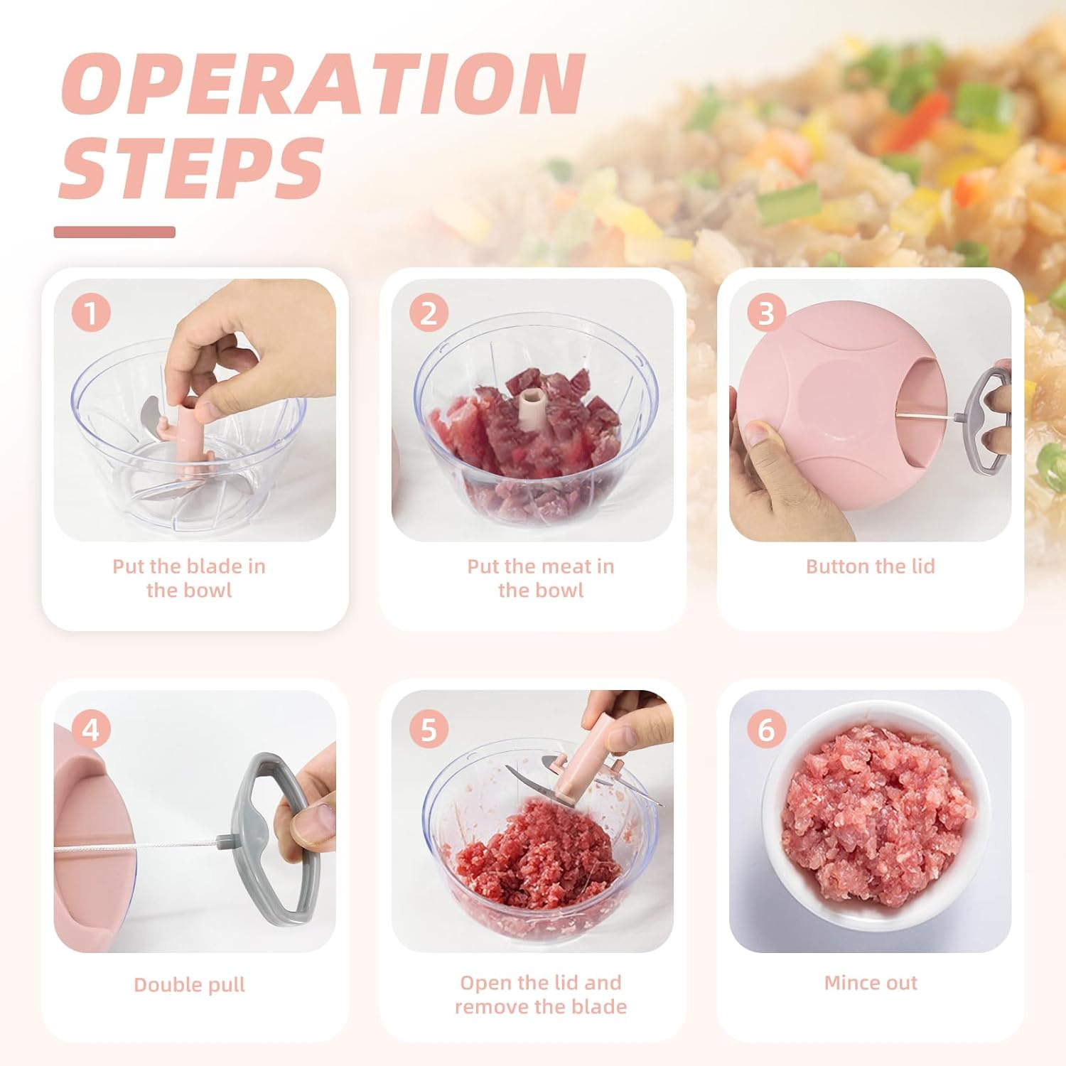 Multi-Function Mini Blender, Vegetable Fruit Chopper, Manual Meat Mincer, Onion and Garlic Mincer, Hand Pull Rope Mincer, Baby Food Maker, Cooking Machine (Pink)