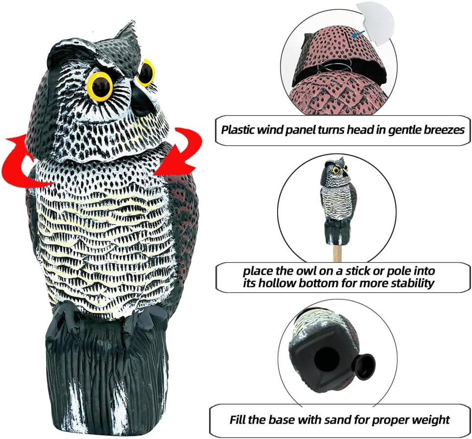 Skycabin Realistic Owl Decoy to Scare Birds Away with Rotating Head,Humane Decoy Deterrent,Natural Scarecrow Fake Owl for Bird/Pigeon/Crow Scarer from Garden,Patio,Yard,Boats and Vulnerable Buildings