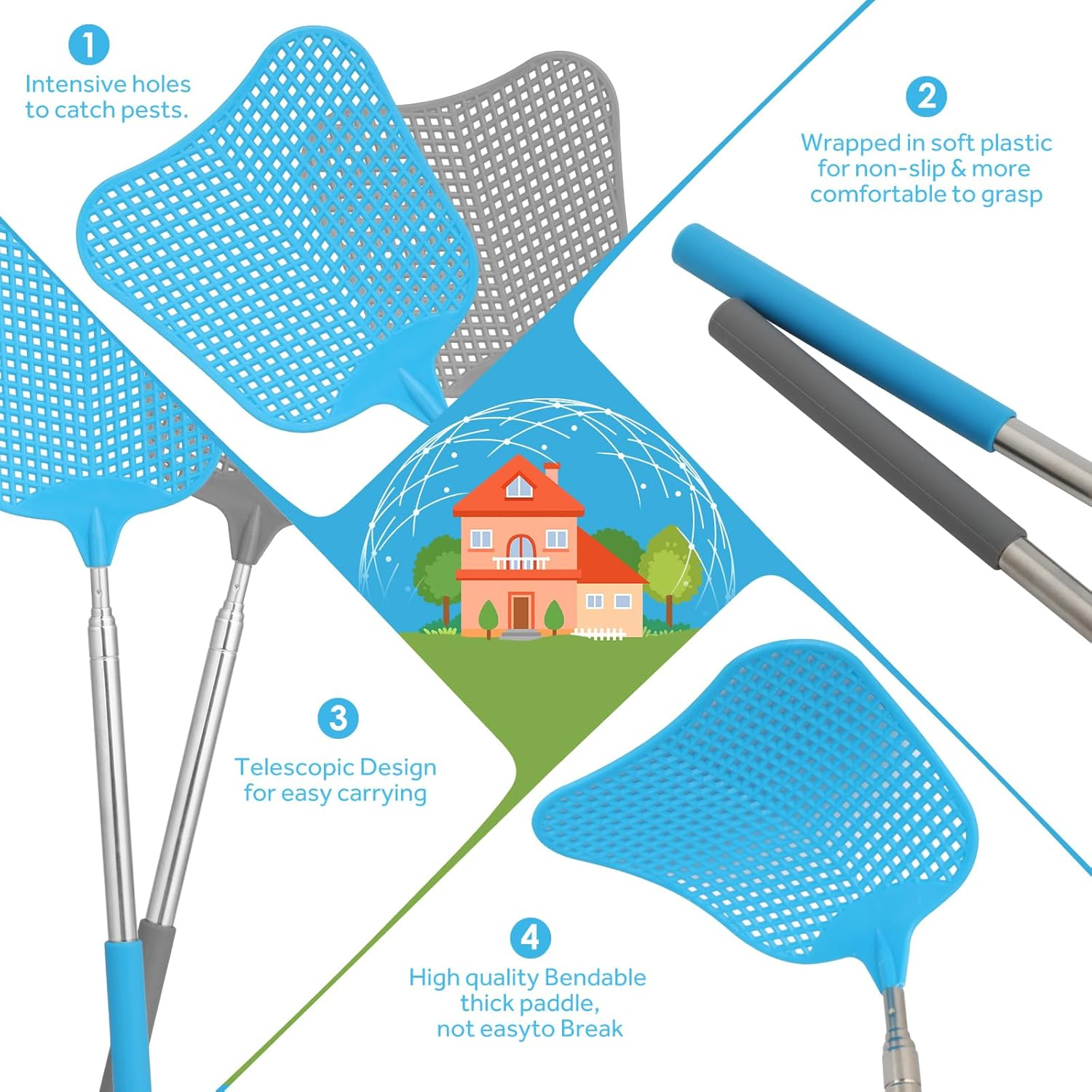 Geeric Telescopic Fly Swatters, 2PCS Plastic Extendable Fly Swatters Heavy Duty Set with Stainless Steel Handle for Indoor/Outdoor/Classroom/Office/Farm (Grey+Blue) image number 2