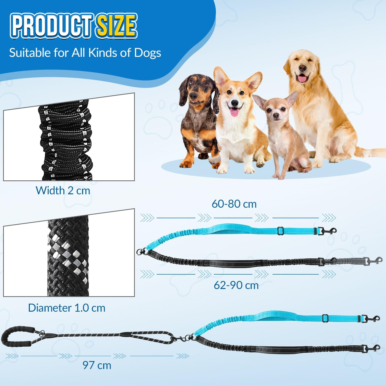 AUTOWT Double Leash for Two Small Dogs, No Tangle 360&deg; Swivel Dual Dog Leashes with 4 Handles, Super Lightweight for Puppy under 20Lbs, Reflective Adjustable Strap and Shock Absorbing Bungee image number 6