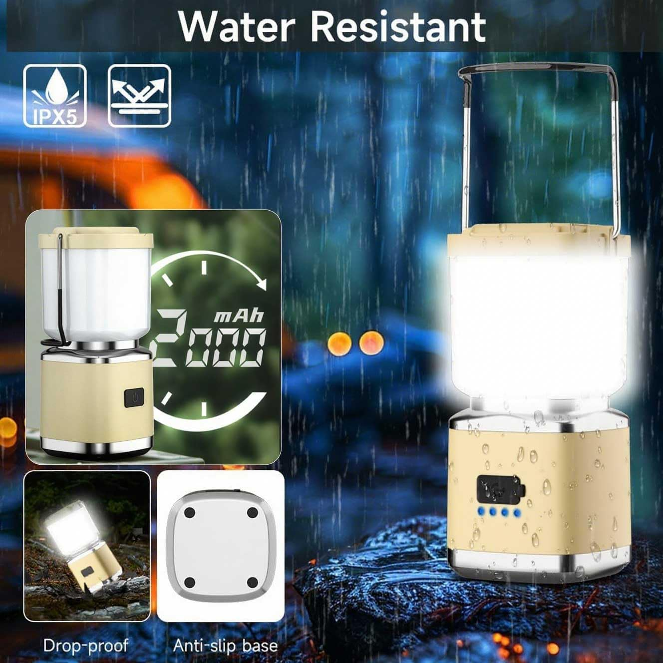 Bokmaton Portable Camping Lantern Rechargeable -4Inch, 400Lm LED Camping Lights Lantern &6Hours Runtime& Stepless Dimming, Emergency Lights for Power Outages, Waterproof Camping Lamp (Cream White) - Army Green image number 4