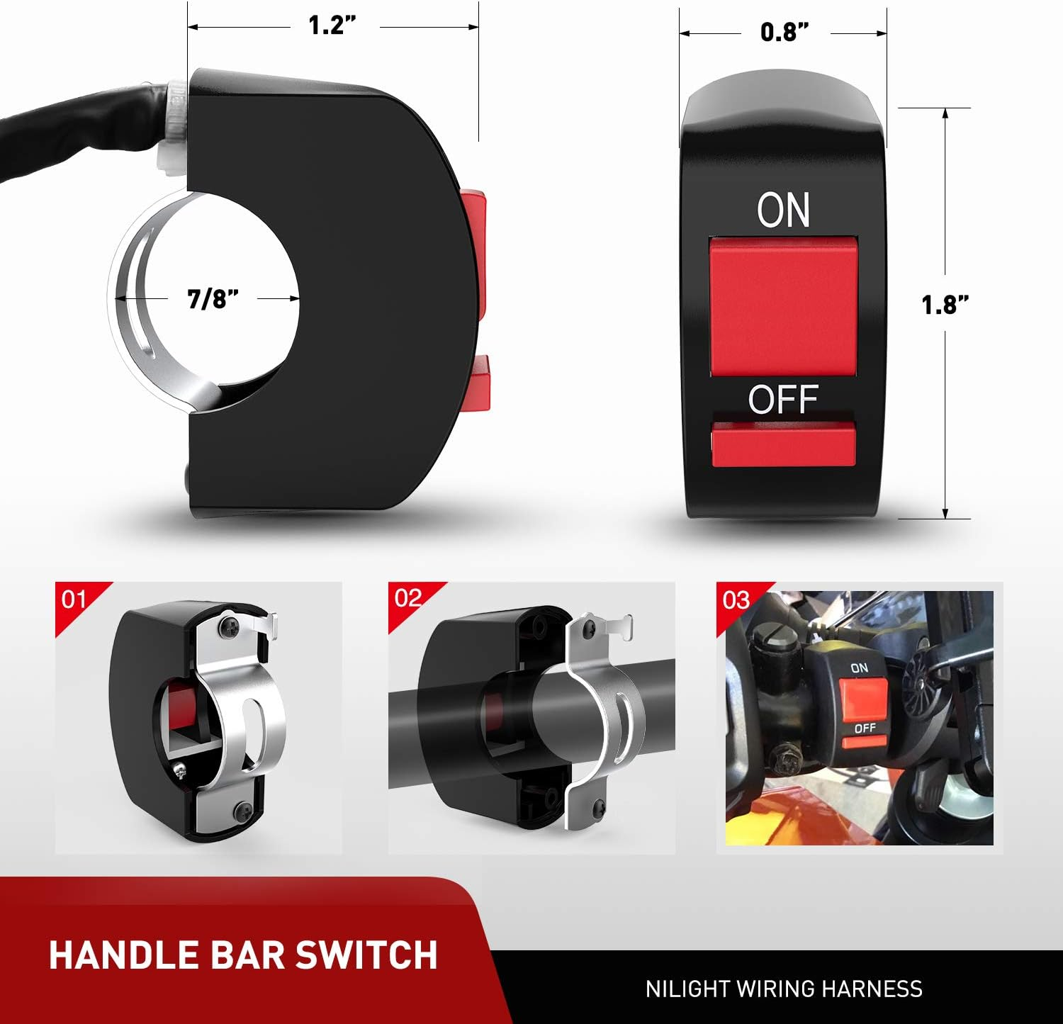 Nilight LED Light Bar Wiring Harness Kit Motorcycle Handlebar Switch 16AWG 2 Leads 12V on off Push Button Switch for Motorcycle ATV UTV Driving Lights 7/8Inch (10045W) image number 1