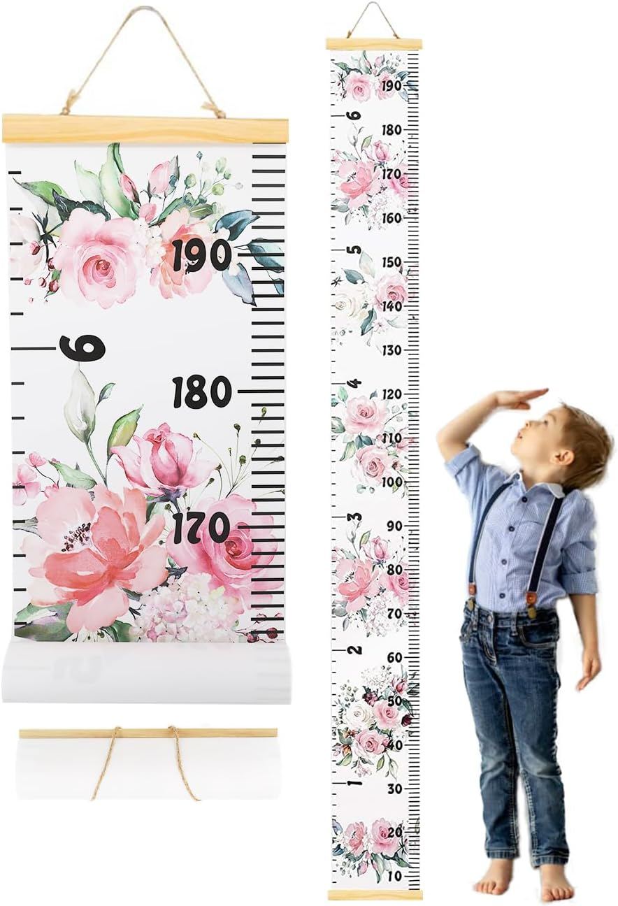 Height Growth Chart for Kids, Handing Ruler Wall Decor for Kids Removable Waterproof Canvas Height Measuring Chart Wood Frame Height Measurement Ruler from Babies to Adult for Wall Room Decor 7.9 X 79 Inch