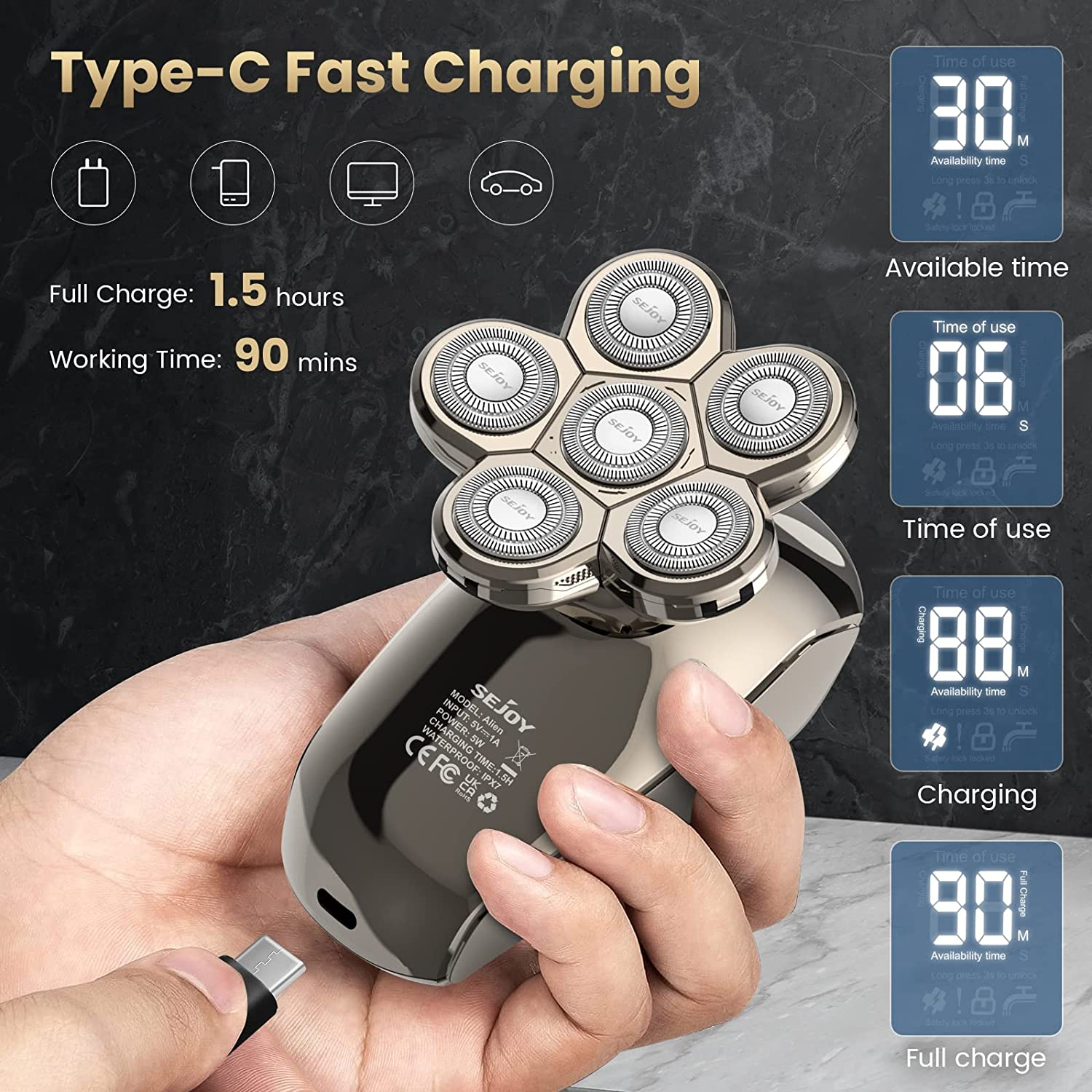 Electric Razor for Bald Men, Bald Head Shavers for Men 5-In-1 Multifunctional 6D Electric Head Shaver Waterproof Recharageable Rotary Shaver Grooming Kit image number 1