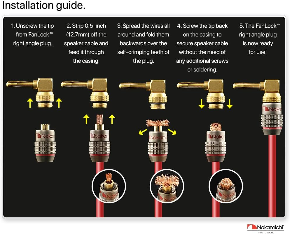 Nakamichi Fanlock Excel Series 24K Gold Plated Right-Angle 90 Degree Banana Plugs 10 AWG - 18 AWG Gauge Size 4Mm for Speakers Amplifier Hi-Fi Home Theatre Wire Cable Quick Connector, 12 Pcs (6-Pairs)