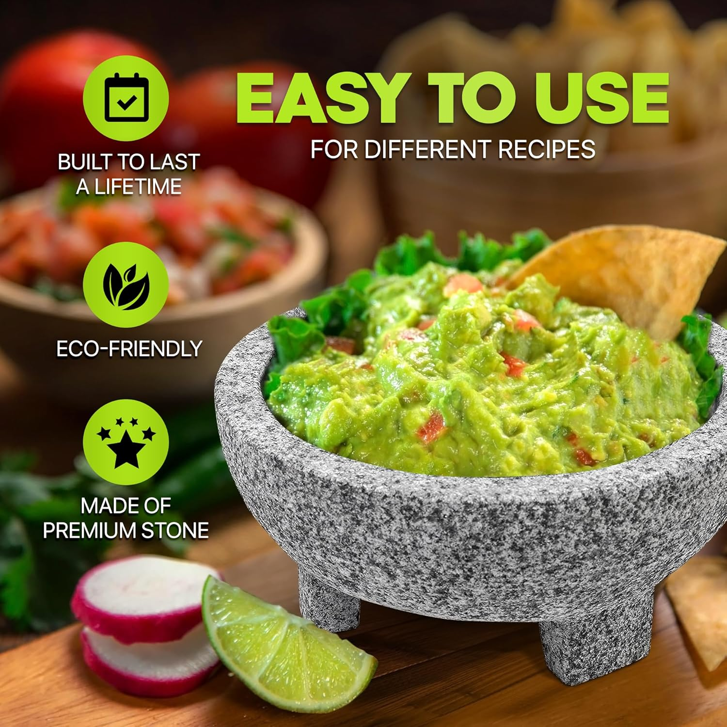 Granite Mortar and Pestle Set Guacamole Bowl Molcajete 8 Inch - Natural Stone Grinder for Spices, Seasonings, Pastes, Pestos and Guacamole - Extra Bonus Avocado Tool Included image number 3