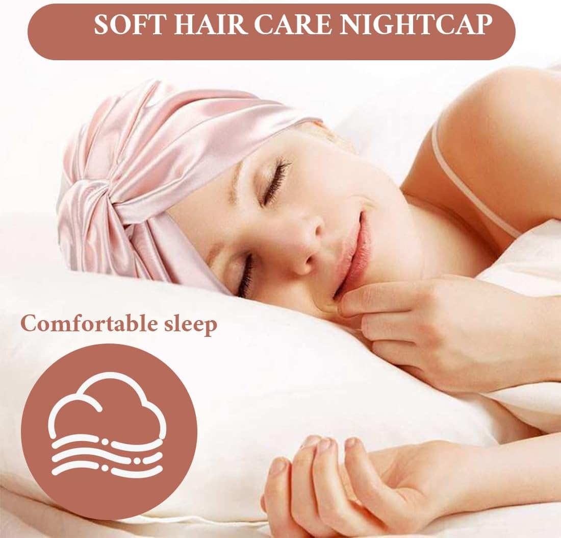 JYNVO 2 Pack Breathable and Soft Satin Sleep Cap and Scrunchie Hair Scrunchie Keeps Curls in Shape Prevents Frizz and Hair Breakage Suitable for Women with Any Hair Type image number 2