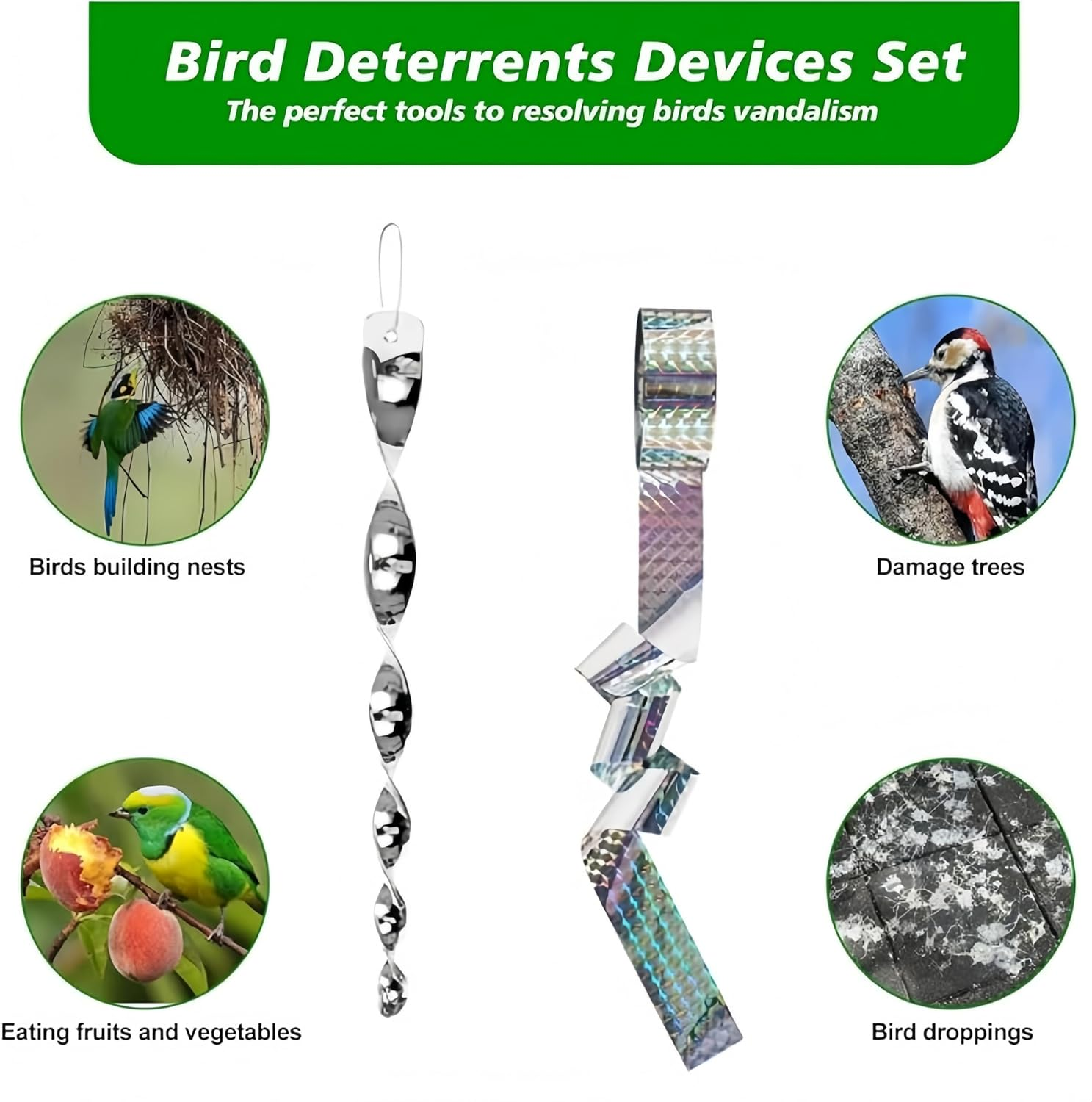 6 Reflective Scare Rods & 80M Reflective Tape, Bird Deterrent Kit ，Visual Bird Repellent for Gardens, Trees and Roofs image number 1