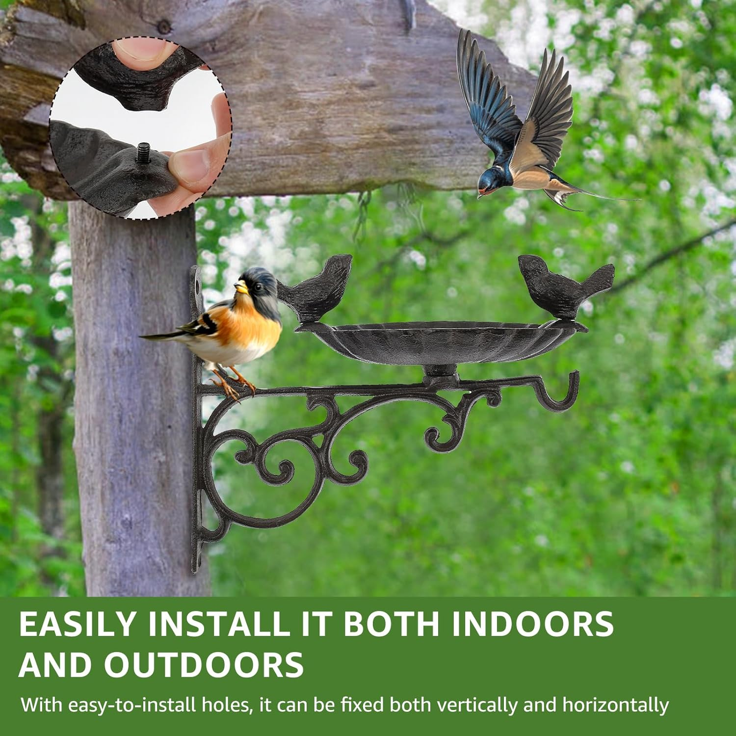 Cast Iron Bird Feeder, Gardens Decor Bird Food Container, Solid Wall Mounted Bird Bath Elegant Fence Tree Mount Bird Feeder for Wild Birds image number 3