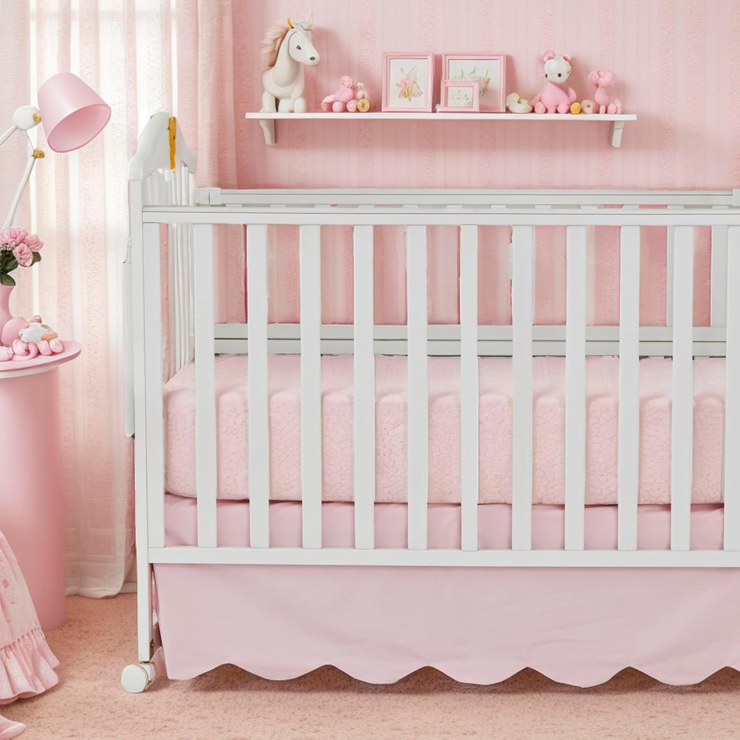 Brandream Scallop Edge Cotton Crib Skirt, Baby Boy Girl Gender Neutral Crib Skirt Toddler Bedskirt Farmhouse Chic Nursery Crib Bed Skirt, Boho Bohemian Green Gingham - Blue Toile image number 3