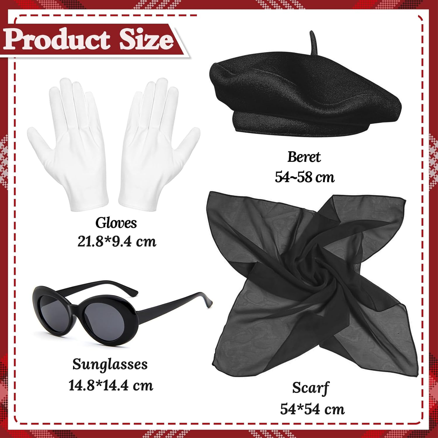 French Women Fancy Dress Costume Accessories Set French Artist Mime Kit with Red Beret Scarf Sunglasses Gloves for Women Girls Cosplay Party Supplies School Dress up Day image number 1