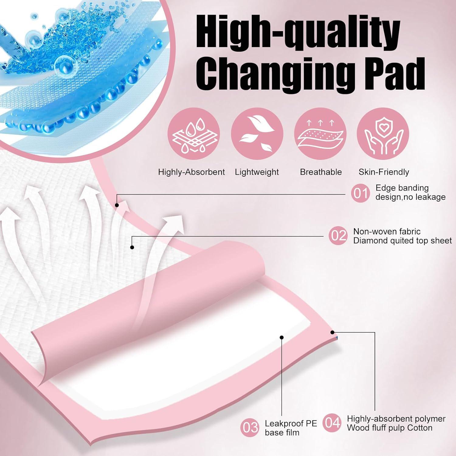 Cptoion 100 Pack Disposable Changing Pads,17 X 13 in Baby Disposable Underpads,Ultra Absorbent Disposable ,Waterproof Diaper Changing Pad,Leakproof Breathable Underpads Bed Table Protector Mat - Pink image number 5