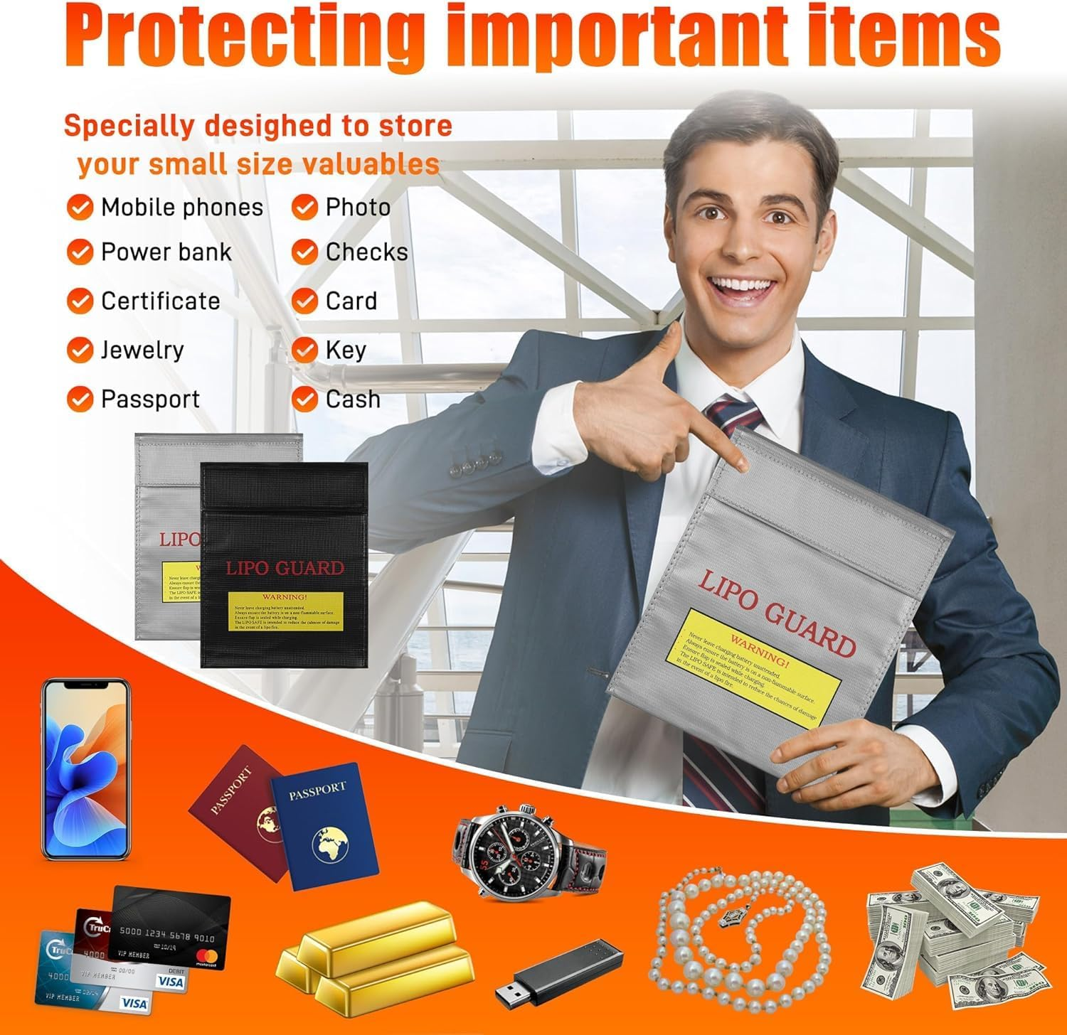 Lipo Battery Safe Bag,Fireproof Document Bag, 2 Pack Portable Fireproof Bag Waterproof Safe Document Box for Lipo Battery, Documents, Money, Jewelry,Phone (2, 23 X 30Cm) image number 2