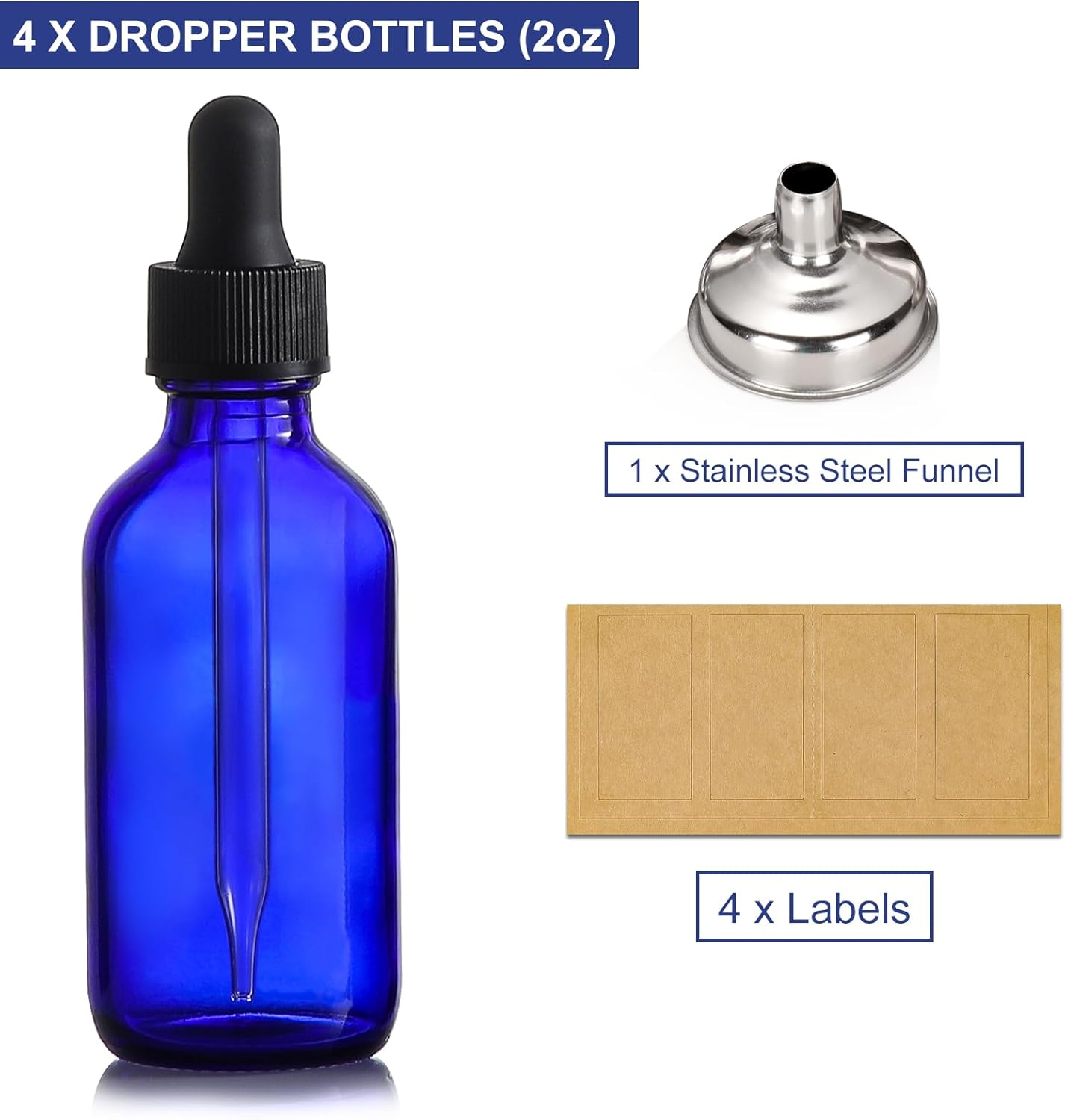 AOZITA 4 Pack, 2 Oz Blue Dropper Bottles with Funnel & Labels - 60Ml Thick Dark Blue Glass Tincture Bottles - Leakproof for Essential Oils, Personal Care & Beauty image number 5